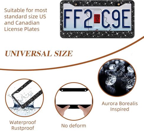 EWBN Bling License Plate Frame for Women, Diamond Car Accessories License Plate Holder,Sparkly Rhinestone Premium Stainless Steel License Plate Cover with Glitter Crystal Caps 2pcs（Black） in Kuwait