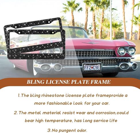EWBN Bling License Plate Frame for Women, Diamond Car Accessories License Plate Holder,Sparkly Rhinestone Premium Stainless Steel License Plate Cover with Glitter Crystal Caps 2pcs（Black） in Kuwait