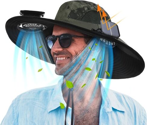 Berlune Men Sun Hat with 2 Solar Fan Fishing Hats Wide Brim Sun Hat for Outdoor Summer Camping Beach, USB & Solar Powered in Saudi Arabia