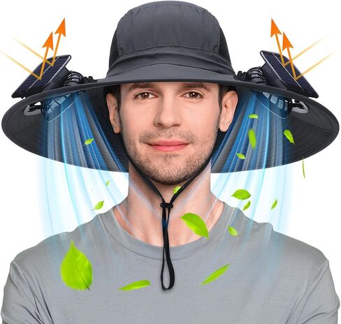 Berlune Men Sun Hat with 2 Solar Fan Fishing Hats Wide Brim Sun Hat for Outdoor Summer Camping Beach, USB & Solar Powered in Saudi Arabia