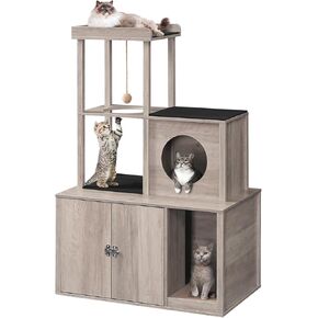 Cat Litter Box Enclosure with Cat Tower, Hidden Cat Litter Box Furniture with Condo and Plush Ball, Wooden Cat Washroom Furniture with Platform, Indoor Cat House, Rustic Brown CWHR1501
