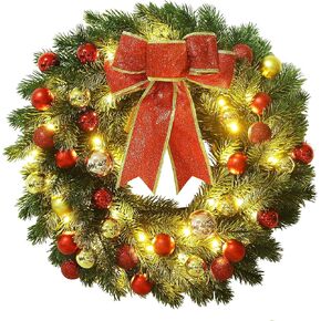 Lulu Home 16 Inch Pre-lit Christmas Wreath with Hook, Battery Operated Christmas Wreath Decorative Christmas Balls Hanging Ornament, Artificial Door Wreath 40 Clear LED Lights