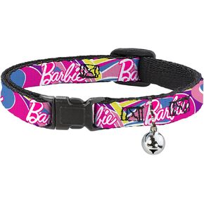 Mattel Breakaway Cat Collar with Bell, Easy Adjustable, Barbie Script Signature Logo Abstract Multi Color White, 8.5 to 12 Inches 0.5 Inch Wide