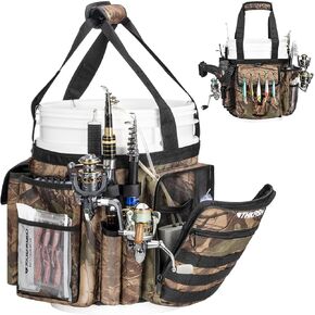 THKFISH Fishing Bucket Organizer for 5 Gallon Bucket, Ice Fishing Bucket Tool Organizer, Adjustable Fishing Bucket Caddy Tackle Bag with Multi-Pockets for Fishing Gear (Khaki)
