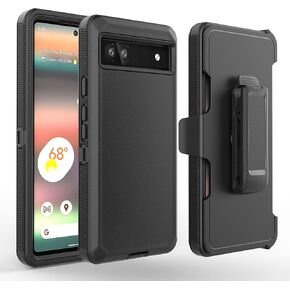 6goodeals for Google Pixel 6, Shockproof Full Body Protection Kickstand Case Cover with Swivel Belt Clip (Black)
