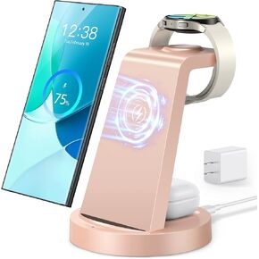 Wireless Charger for Samsung: 3 in 1 Wireless Charging Station for Samsung Galaxy Watch 7 6 5 4 3 Pro Classic Galaxy Buds - Charger Dock Stand for S24 S23 S22 S21 Ultra Note 20 10 Z Fold - Rose Gold