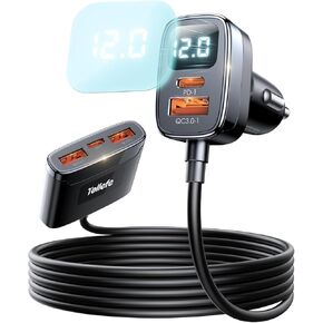 78W USB C Car Charger Multi Port, LED Voltage Display Cigarette Lighter Adapter with 5FT Cable, 5 Port Fast Car Charging for iPhone 16 15 Pro Max/iPad/Samsung S24