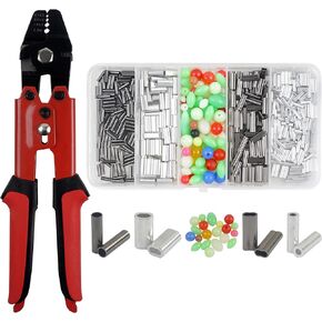 Fishing Crimping Tool Fishing Wire Line Crimping Rigging Kit Fishing Pliers Wire Rope Leader Crimp Tool with 500pcs Fishing Crimp Sleeves Beads Set Wire Rope Crimping Tool(Red)