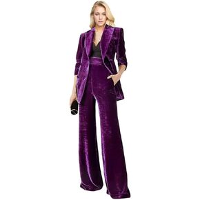 Women's 2 Piece Velvet Suit Office Work Suit Notch Lapel Double Breasted Blazer Pants Business Suit Set Dark Green1 L