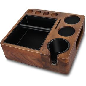 Espresso tamping station and knock box,Wooden portafilter holder,Espresso organizer station box,Tamping station fit for storage 51/54/58mm espresso accessories,Multifunctional espresso station