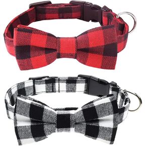 Malier 2 Pack Dog Collar with Bow tie, Christmas Classic Plaid Pattern Dog Collar with Light Adjustable Buckle Suitable for Small Medium Large Dogs Cats Pets (Medium, Red + Green)