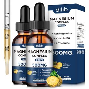 Triple Magnesium Complex Supplement-Magnesium Glycinate, Citrate, Malate Liquid Drops 500mg with Ashwagandha, L-Theanine, B6 for Calm, Stress Relief, Sleep, Muscle Support-Green Apple Flavor