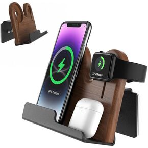 3 in 1 Wall Mount Compatible with magsafe charger stand，Wood phone Holder for iPhone 15/15 Pro/14/13/12 Series, Compatible with Apple Watch, AirPods, Magsafe Accessories[MagSafe Charger Not Included]