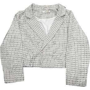 Agnes Orinda Plus Size Plaid Tweed Blazers for Women Notched Lapel Long Sleeve Elegant Office Crop Jacket