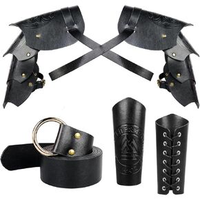 3Pcs Renaissance Accessories,Medieval Leather Double Shoulder Armor,Viking Leather Bracers Arm Guards,Knight Leather Belt