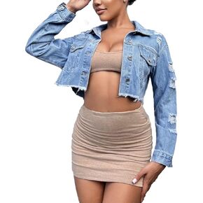 Cropped Jean Jacket for Women Long Sleeve Classic Casual Crop Top Denim Jackets Coat