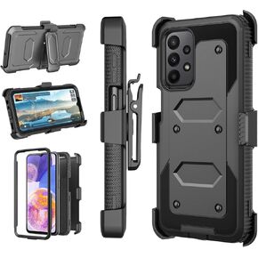 Njjex Rugged Case For Samsung Galaxy A23 5G, For Galaxy A23 5G Case, [Nbeck] Heavy Duty Built-in Screen Protector Locking Swivel Holster Belt Clip Kickstand Hard Shell Cover for Samsung A23 5G [Black]