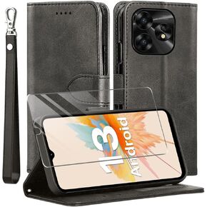 for Umidigi A15T/Umidigi A15 Case and Tempered Glass Screen Protector, PU Leather Flip Cover Wallet Phone Case Protector [Full Protection] [Card Slots] [Kickstand] for Umidigi A15C, Black