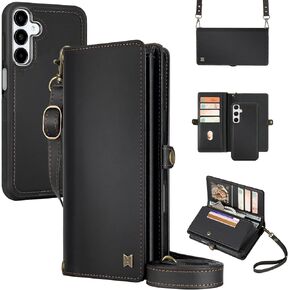 for Wallet Case Compatible with Samsumg Galaxy A16 Multi-Function Detachable 2 in 1 Magnetic Phone Case Wallet,Flip Strap Zipper Card Holder Phone Case with Shoulder Straps (Blue)