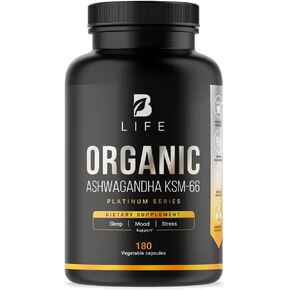 Ashwagandha KSM-66 Organic Extract 180 Caps with Black Pepper, High Potency. B Life Ashwagandha KSM-66 Platinum (Ashwagandha)