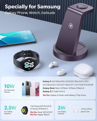 Wireless Charger for Samsung: 3 in 1 Wireless Charging Station for Samsung Galaxy Watch 7 6 5 4 3 Pro Classic Galaxy Buds - Charger Dock Stand for S24 S23 S22 S21 Ultra Note 20 10 Z Fold - Rose Gold in Saudi Arabia