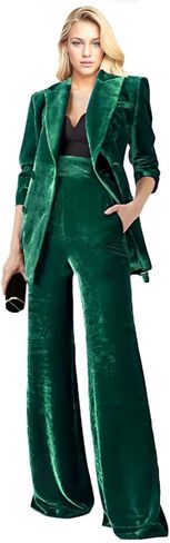 Women's 2 Piece Velvet Suit Office Work Suit Notch Lapel Double Breasted Blazer Pants Business Suit Set Dark Green1 L in Kuwait