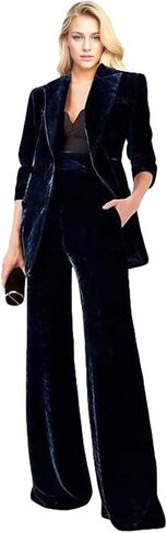 Women's 2 Piece Velvet Suit Office Work Suit Notch Lapel Double Breasted Blazer Pants Business Suit Set Dark Green1 L in Kuwait