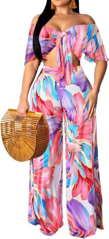 Two Piece Outfits for Women Sexy Halter Neck Tube Top Long Straight Pants Vacation Beachwear Sets with Pockets Belt(2X-Large) Black/Floral in Saudi Arabia