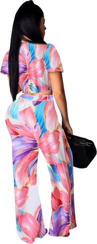 Two Piece Outfits for Women Sexy Halter Neck Tube Top Long Straight Pants Vacation Beachwear Sets with Pockets Belt(2X-Large) Black/Floral in Saudi Arabia