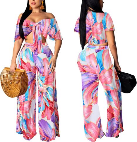 Two Piece Outfits for Women Sexy Halter Neck Tube Top Long Straight Pants Vacation Beachwear Sets with Pockets Belt(2X-Large) Black/Floral in Saudi Arabia