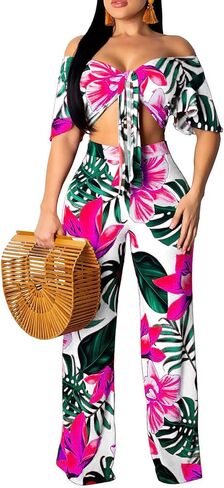 Two Piece Outfits for Women Sexy Halter Neck Tube Top Long Straight Pants Vacation Beachwear Sets with Pockets Belt(2X-Large) Black/Floral in Saudi Arabia