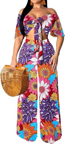 Two Piece Outfits for Women Sexy Halter Neck Tube Top Long Straight Pants Vacation Beachwear Sets with Pockets Belt(2X-Large) Black/Floral in Saudi Arabia