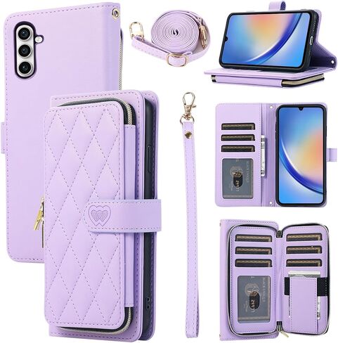 Wallet Case for Samsung Galaxy A34 5G with Detachable Wrist Strap, Crossbody Shoulder Strap, 9+ Card Slots Zipper Purse, Luxury PU Leather Stand Cell Phone Cover for A 34 34A Women Black in Saudi Arabia