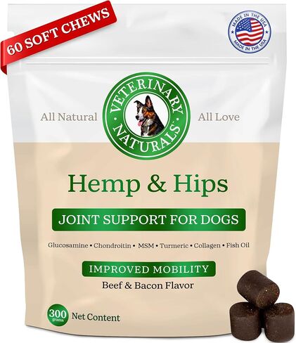 Veterinary Naturals Hemp & HIPS Joint Supplement for Dogs - 60 Soft Chews for Dog Hip and Joint Supplement with Glucosamine for Dogs, MSM, & Turmeric (Beef & Bacon) in Saudi Arabia