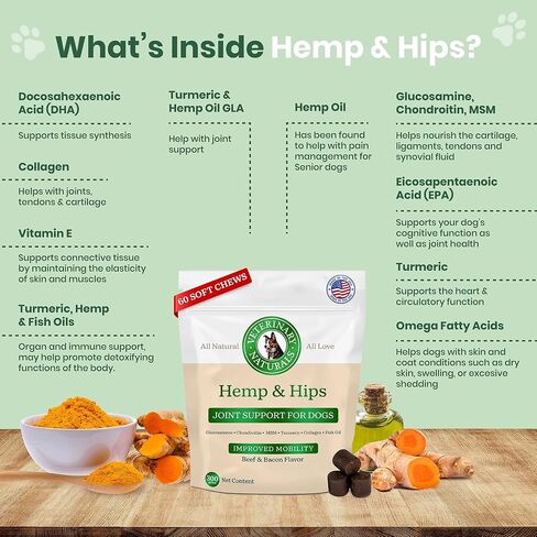 Veterinary Naturals Hemp & HIPS Joint Supplement for Dogs - 60 Soft Chews for Dog Hip and Joint Supplement with Glucosamine for Dogs, MSM, & Turmeric (Beef & Bacon) in Saudi Arabia
