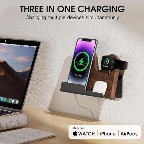 حامل حائط 3 في 1 متوافق مع حامل شاحن magsafe، حامل هاتف خشبي لسلسلة iPhone 15/15 Pro/14/13/12، متوافق مع Apple Watch وAirPods وملحقات Magsafe [شاحن MagSafe غير متضمن] in Saudi Arabia