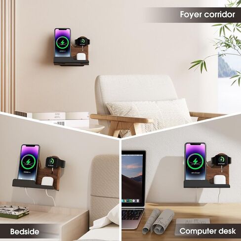 حامل حائط 3 في 1 متوافق مع حامل شاحن magsafe، حامل هاتف خشبي لسلسلة iPhone 15/15 Pro/14/13/12، متوافق مع Apple Watch وAirPods وملحقات Magsafe [شاحن MagSafe غير متضمن] in Saudi Arabia