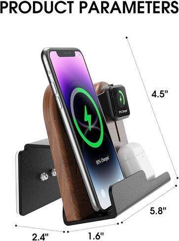 حامل حائط 3 في 1 متوافق مع حامل شاحن magsafe، حامل هاتف خشبي لسلسلة iPhone 15/15 Pro/14/13/12، متوافق مع Apple Watch وAirPods وملحقات Magsafe [شاحن MagSafe غير متضمن] in Saudi Arabia
