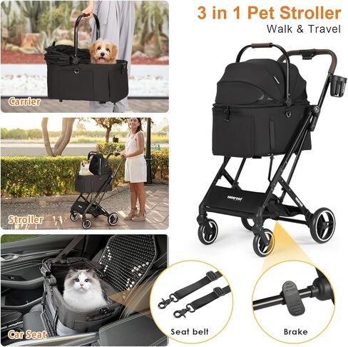 X2 Pet Stroller, Dog Stroller & Cat Stroller for Small Pets Under 33lbs, Equipped with Detachable & Foldable Carrier, Waterproof Pad & Sunshade Canopy in Kuwait