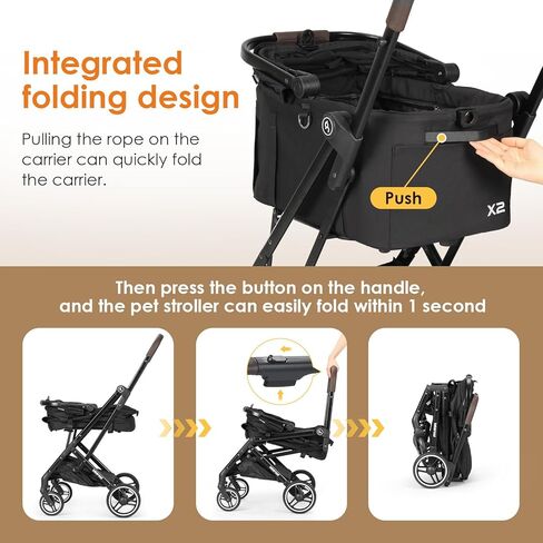 X2 Pet Stroller, Dog Stroller & Cat Stroller for Small Pets Under 33lbs, Equipped with Detachable & Foldable Carrier, Waterproof Pad & Sunshade Canopy in Kuwait