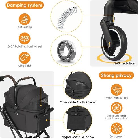 X2 Pet Stroller, Dog Stroller & Cat Stroller for Small Pets Under 33lbs, Equipped with Detachable & Foldable Carrier, Waterproof Pad & Sunshade Canopy in Kuwait