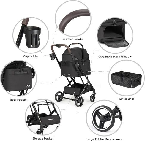 X2 Pet Stroller, Dog Stroller & Cat Stroller for Small Pets Under 33lbs, Equipped with Detachable & Foldable Carrier, Waterproof Pad & Sunshade Canopy in Kuwait