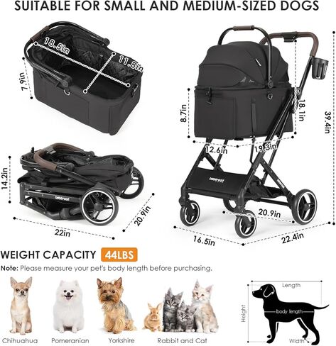 X2 Pet Stroller, Dog Stroller & Cat Stroller for Small Pets Under 33lbs, Equipped with Detachable & Foldable Carrier, Waterproof Pad & Sunshade Canopy in Kuwait