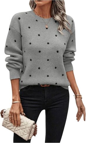 MakeMeChic Women's Polka Dots Sweaters Long Sleeve Round Neck Knitted Pullover Tops in Saudi Arabia