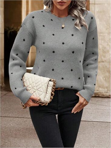 MakeMeChic Women's Polka Dots Sweaters Long Sleeve Round Neck Knitted Pullover Tops in Saudi Arabia