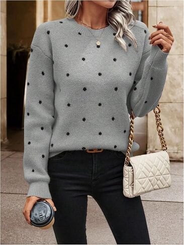 MakeMeChic Women's Polka Dots Sweaters Long Sleeve Round Neck Knitted Pullover Tops in Saudi Arabia