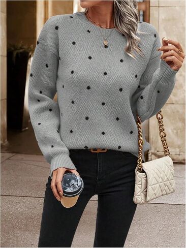 MakeMeChic Women's Polka Dots Sweaters Long Sleeve Round Neck Knitted Pullover Tops in Saudi Arabia