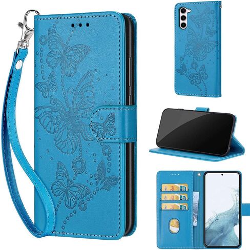 Designed for Samsung Galaxy S23 5G Case Wallet,Women Flip Folio Cover with Embossed PU Leather Stand Credit Card Holders Slots Wrist Strap Phone Case for Samsung S23 5G 6.1 Inch (Blue Butterfly) in Kuwait