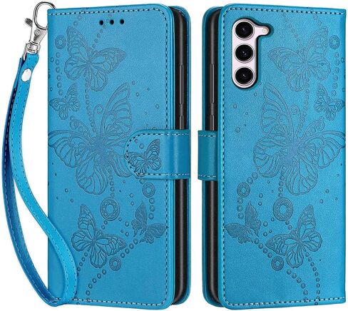 Designed for Samsung Galaxy S23 5G Case Wallet,Women Flip Folio Cover with Embossed PU Leather Stand Credit Card Holders Slots Wrist Strap Phone Case for Samsung S23 5G 6.1 Inch (Blue Butterfly) in Kuwait