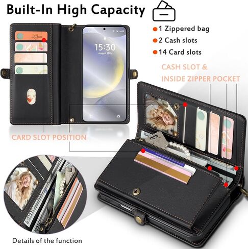 for Wallet Case Compatible with Samsumg Galaxy S24 Ultra Multi-Function Detachable 2 in 1 Magnetic Phone Case Wallet,Flip Strap Zipper Card Holder Phone Case with Shoulder Straps (Red) in Kuwait